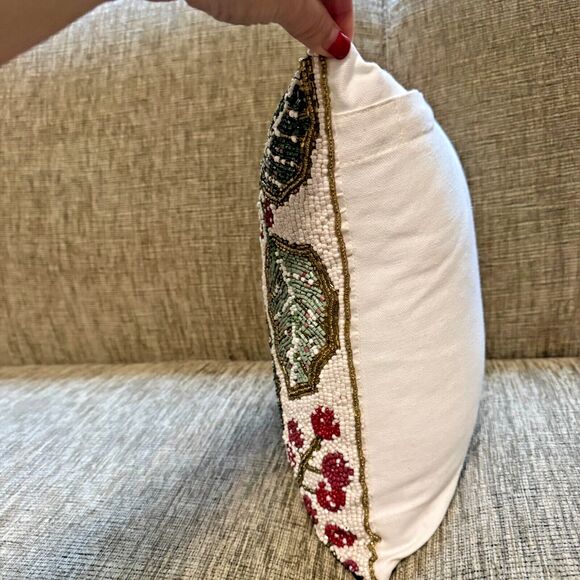 Cherish The Season Holly & Berry Beaded Accent Pillow Christmas Decor 13” X 13” - Picture 2 of 8